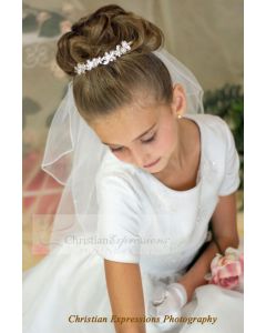 Pearlescent Bead Encrusted Communion Tiara with 26 Inch Lace Trim Veil; Style Kate 