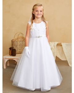 A Line First Communion Dress with Lace Bodice and Crystal Accent