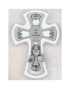 White First Communion Wall Cross with Pewter Chalice