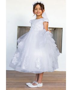First Communion Dress with Cap Sleeves and 3D Lace on Skirt