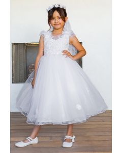 First Communion Dress with Shiny Crystal Tulle Cap Sleeves
