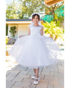 First Communion Dress Cap Sleeves With Flower on Shoulder