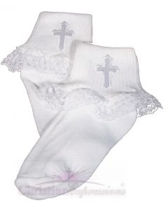 Girls White Christening Anklet Embroidered Cross 