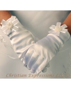 Satin First Communion Gloves with Organza Bow and Rosette