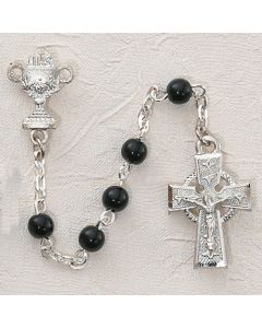 BLACK GLASS IRISH COMMUNION ROSARY WITH STERLING CHALICE OR SACRED HEART