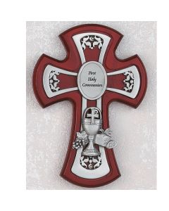 CHERRY STAINED CROSS WITH PEWTER CHALICE Communion CROS