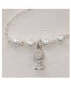 White Pearl Communion Necklace with Rhodium Plated Chalice