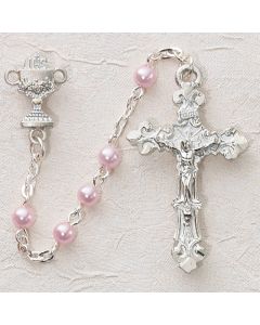First Communion Rosary Pink Pearl w/Silver Crucifix & Chalice or Miraculous