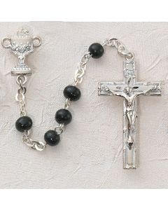 First Communion Rosary Black Wood w/Sterling Chalice or Sacred Heart