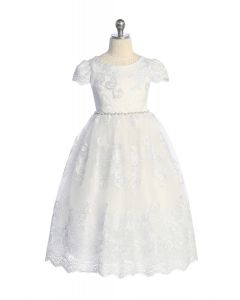 Cording Embellished Lace Sleeve First Communion Dress