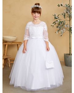 First Communion Gown With Lace bodice 3/4″ Sleeves and Bow