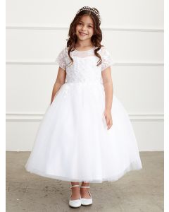 Floral Lace Applique Short Sleeved First Communion Dress