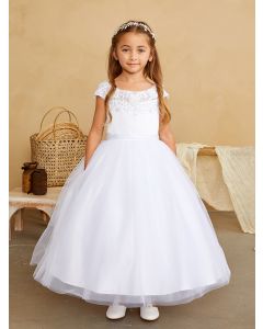 First Communion Dress Satin Lace Mesh Neckline Cap Sleeves for Girls