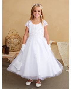 First Communion Dress With Lace Mesh Bodice Cap Sleeves