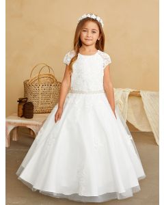 First Communion Dress with Lace Bodice Accents and Cap Sleeves