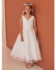 A Line Allover Beaded Lace First Communion Dress with V Back