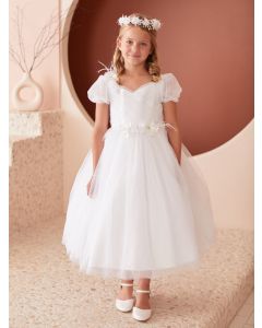 First Communion Dress Puff sleeve with 3d flower and feathers