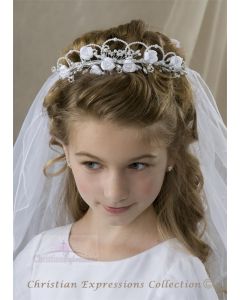 First Communion Wreath Veil Double Layer with Satin Flowers and Pearls