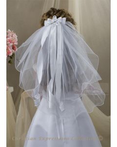 First Communion Clip Veil with Satin Bows and Rosette Center