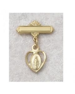 Miraculous Medal Heart Baby Baptism Bar Pin Gold Over Sterling