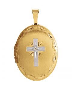 Oval Cross Christian Locket  Two Tone Gold Over Sterling Silver  w/Diamond