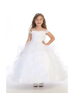 First Communion Dress with Drop Shoulder Straps and Satin Buttons