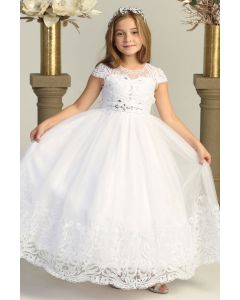 First Communion Dress with Embroidered Lace Hem and Bodice