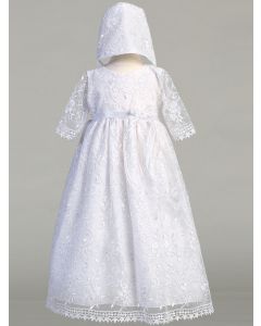 Shiny Satin Lace Christening Gown with Silver Trim