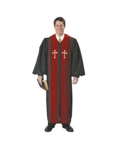 Black Clergy Robe with Red Panels Gold Crosses and Red Cording