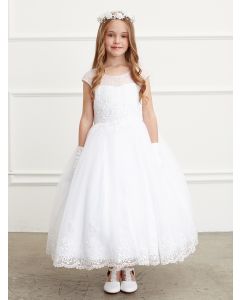 First Communion Dress with lace bodice and lace hem