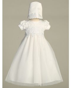 Girls White Satin and Lace Trim Polka Dot Christening Gown