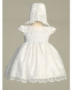 Embroidered Tulle Christening Gown with Long Sleeves
