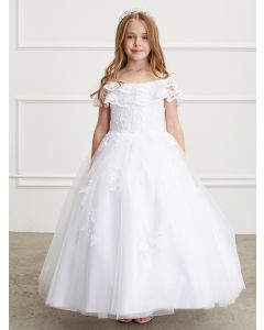 Double layer lace overlay off shoulder First Communion dress with lace applique skirt