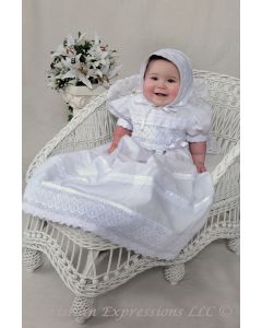 Girls Cotton Short Sleeve Christening Baptism Gown with Lace and Ribbon