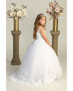 First Communion Dress with Train Embellished with Small Sequins