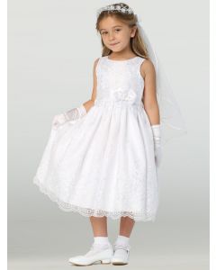 Embroidered organza First Communion dress with satin ribbon trim