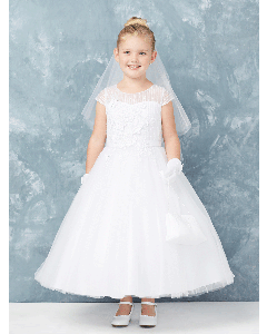 Short Sleeved First Communion Dress with Vertical Embroidery and Lace Applique