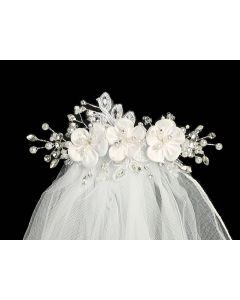First Communion Comb Veil Satin Flowers and Pearls
