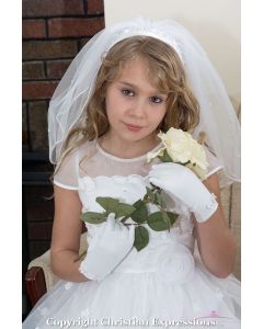 Wide Band First Communion Headband Veil with Rhinestones and Pearls