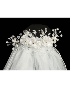 First Communion Comb Veil Satin Flowers and Pearls