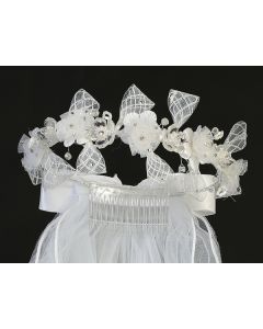 First Communion Veil Organza Flowers and Lace Ribbon