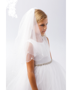 First Communion Veil with Beaded Scallop Edge with Sequin Flowers