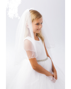 First Communion Veil with Scalloped Edge with Beading