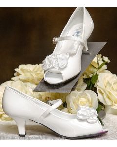 girls white First communion shoes 1.5" heel with pearled satin flowers and strap