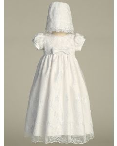 Embroidered Tulle Christening Gown with Sequins and Satin Bow