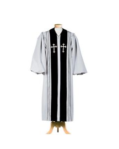 Grey Clergy Robe with Black Velveteen, Silver Crosses and Black Cording
