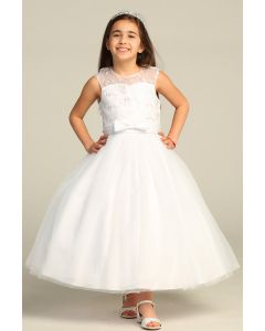 First Communion Dress with Boat Neckline Embellished Bodice