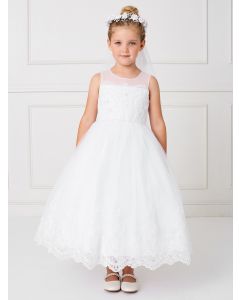 Ankle Length First Communion Dress Illusion neckline with lace hem