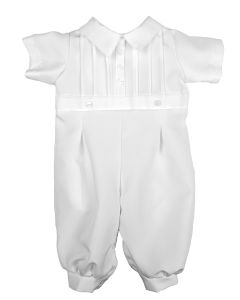 Boys White Short Sleeve Collared Romper Coverall with Pin-Tucking
