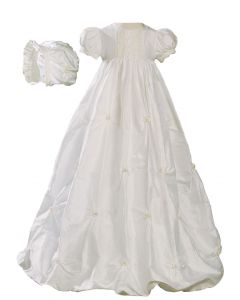Silk Bubble Christening Baptism Gown with Natural Venise Lace and Rosettes